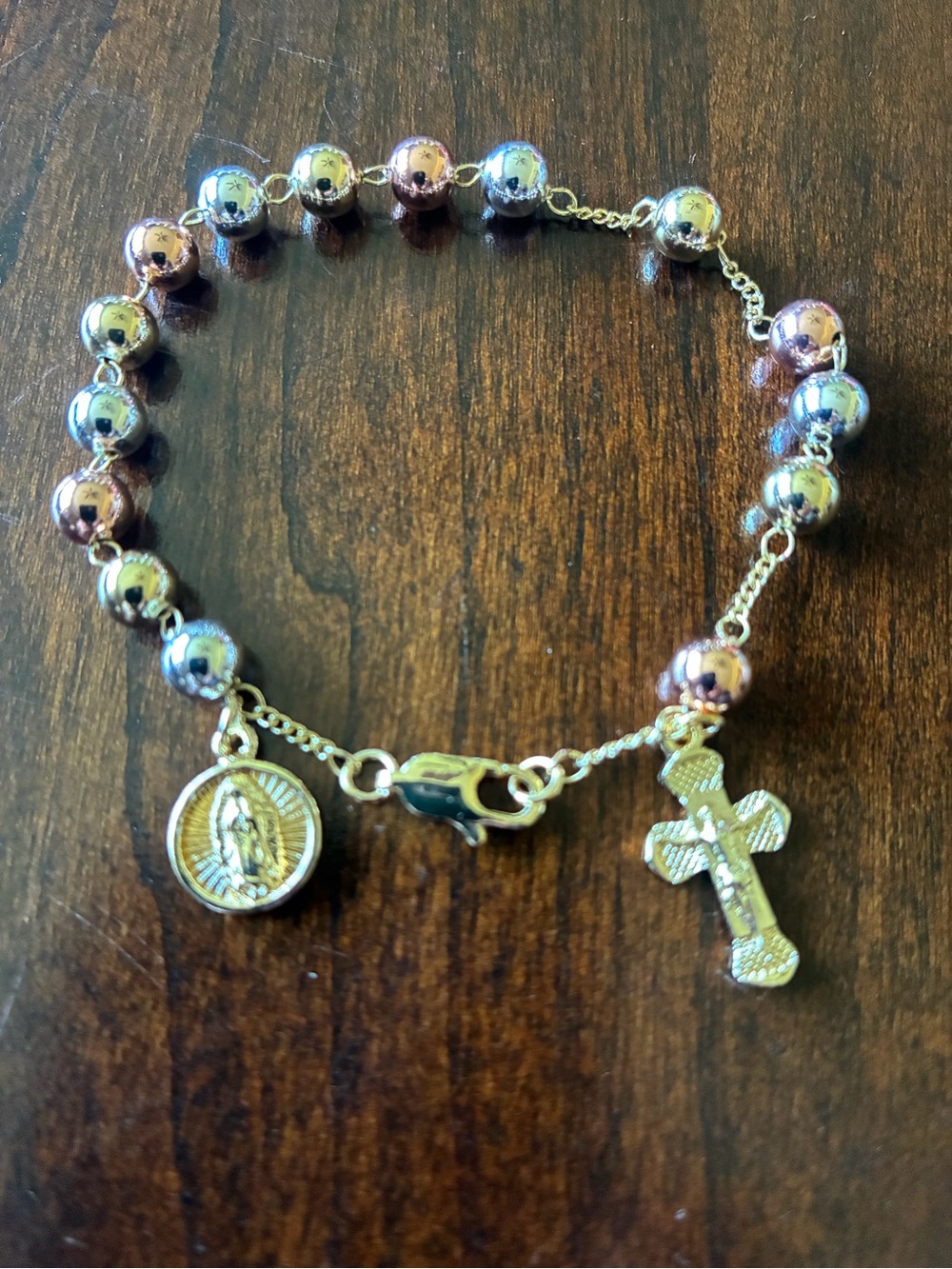 Tri-Color Rosary Bead Bracelet with Cross and Medal